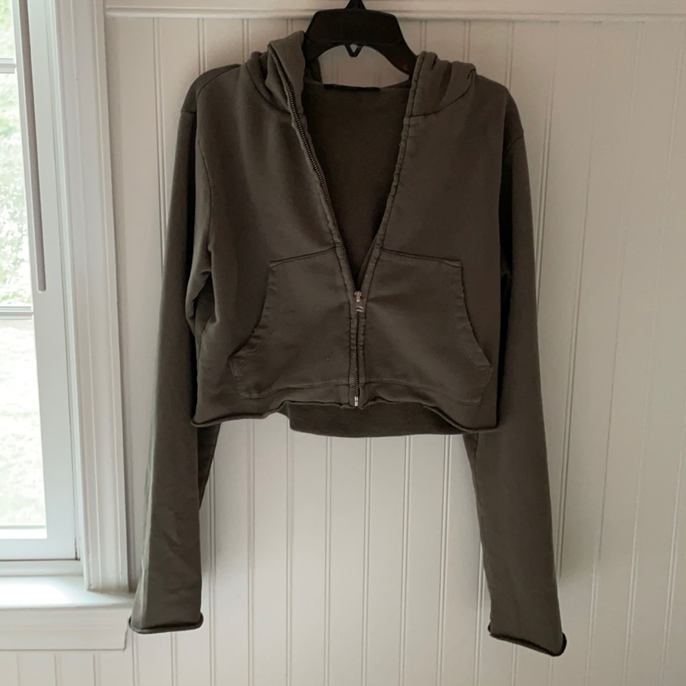 All Saints Army green cropped zip up hoodie.